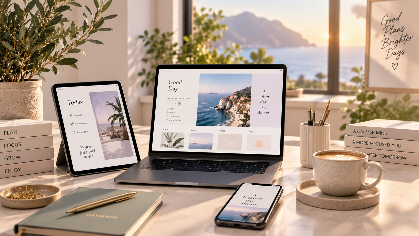 DAYMADE digital tools displayed on a laptop, tablet and phone in a bright workspace