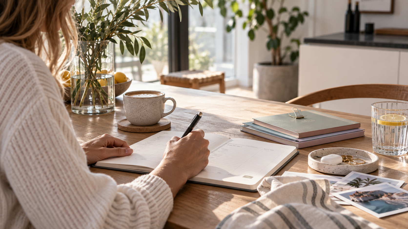 A person using a DAYMADE planner at a sunlit table